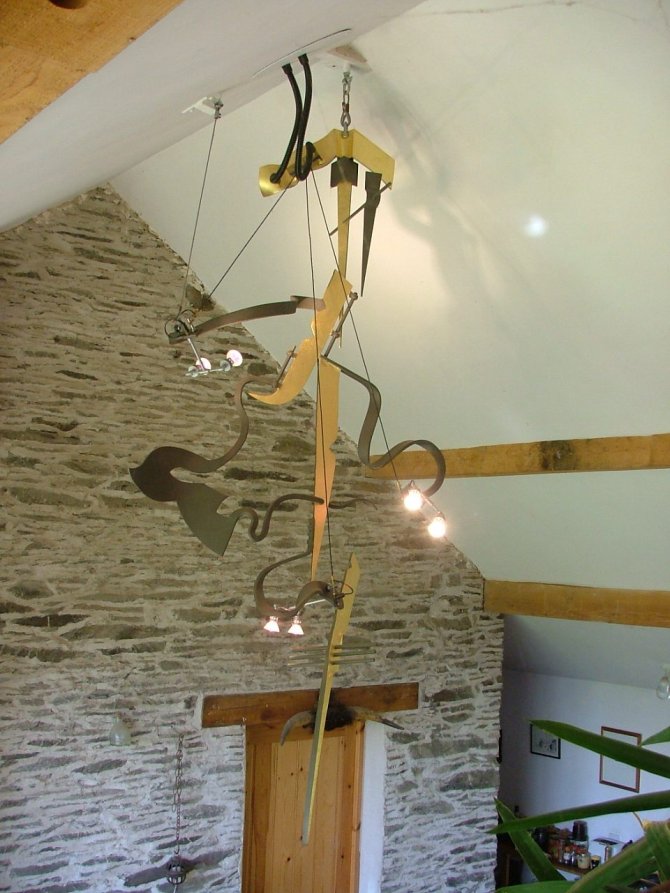 Chandelier, Forged Steel, for 12 Volt spotlamps. Lacquered & Parcel Gilt